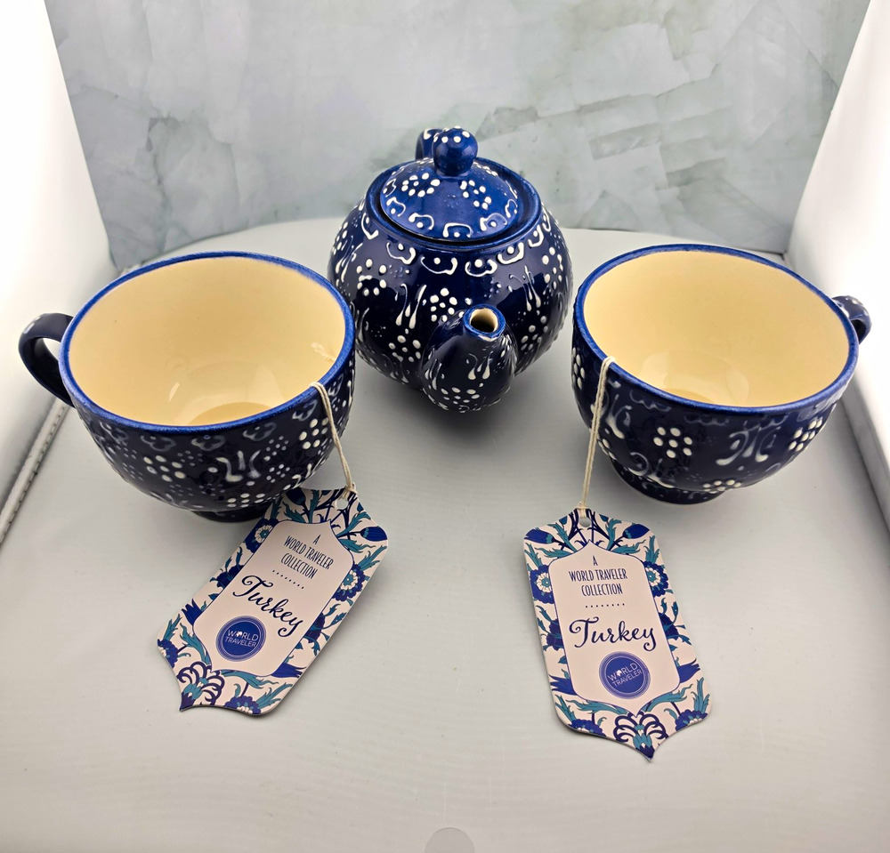 RARE Limited Edition - Turkey Ceramic Teapot Mug Set 3pc Blue Hand Painted